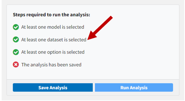 Green checkmark by At least one dataset is selected