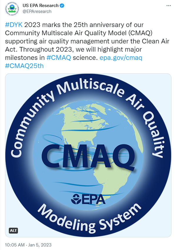 #DYK 2023 marks the 25th anniversary of @EPA’sour Community Multiscale Air Quality Model (CMAQ) supporting air quality management under the Clean Air Act. Throughout 2023, we will highlight major milestones in CMAQ science. #SoundScience4CleanAir #CMAQ25th