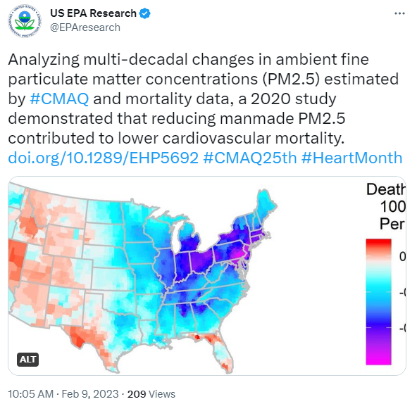 Analyzing multi-decadal changes in ambient fine particulate matter concentrations (PM2.5) estimated by #CMAQ and mortality data, a 2020 study demonstrated that reducing manmade PM2.5 contributed to lower cardiovascular mortality. 