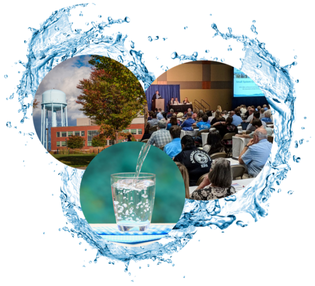 Splashes of water with three images in circles: left image of a water tower, right image of the 2022 workshop, bottom image of a glass being filled with water.