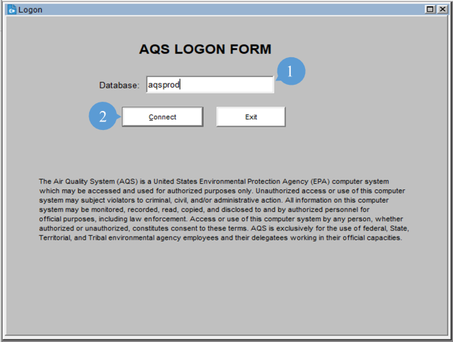 screenshot of the AQS logon screen