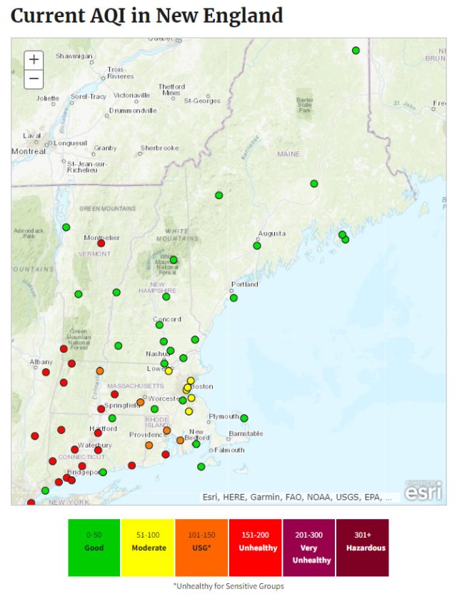 Current Air Quality conditions in New England, June 8, 2023, 10:00 AM