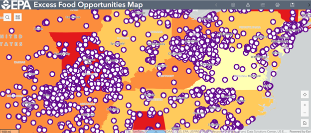 Example of Displaying Food Banks, Food Pantries and Soup Kitchens layer with a USDA State Food Insecurity layer on the Map.