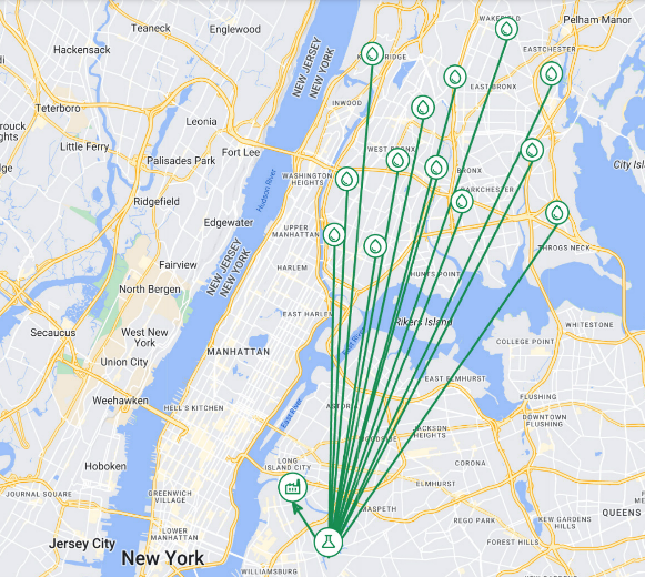 1. This figure shows organic waste pickup locations in New York City and how the materials flows to WMNY's CORe® facility for processing, and to Newtown Creek WRRF for co-digestion. Photo by Akilah Lewis.