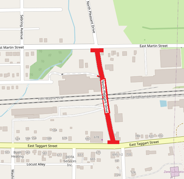 Map showing Pleasant Drive closure area in red.