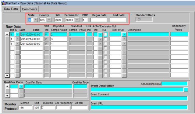 screenshot of a query example of raw data in AQS