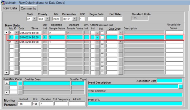 screenshot highlighting a raw data record selected in AQS