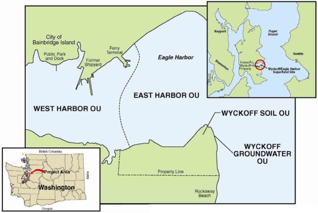 Map showing approximate boundaries of the four cleanup areas (or "Operable Units") at the Wyckoff-Eagle Harbor Superfund site.