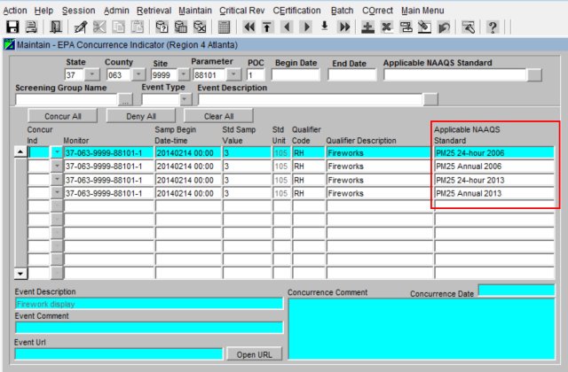 screenshot showing the applicable standards for applying concurrence flags in AQS