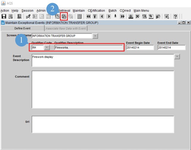screenshot of the maintain event form in AQS being prepared to query an event