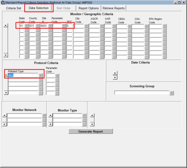 screenshot example of the report retrieval data selection tab in AQS