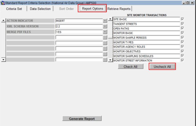 screenshot of the report retrieval report options tab in AQS
