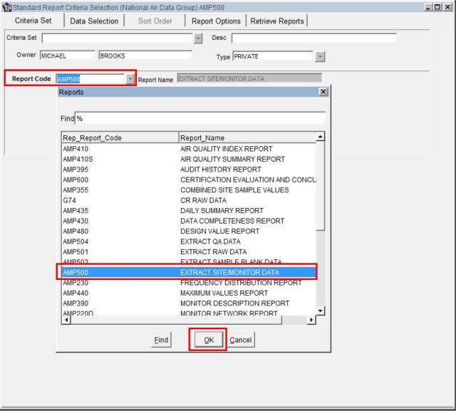 screenshot of the report selection menu in the report retrieval form in AQS