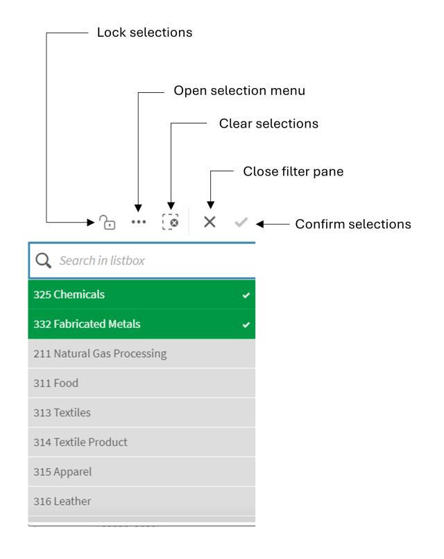 Screenshot of EasyRSEI dashboard showing how to make selections using the filter pane