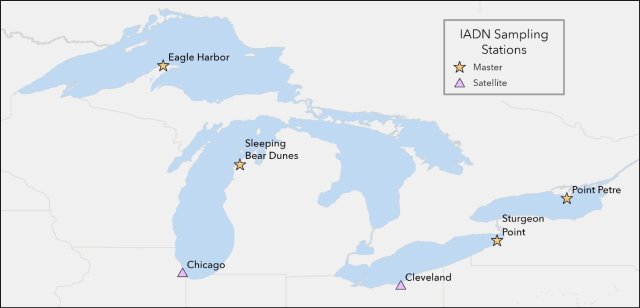 Map of the Great Lakes Integrated Atmospheric Deposition Network at Eagle Harbor, Chicago, Sleeping Bear Dunes, Cleveland, Sturgeon Point, Point Petre.