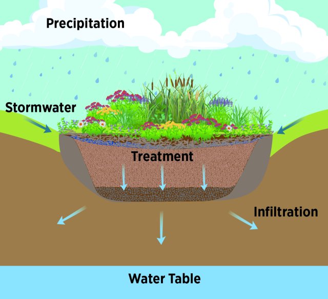 Illustration of water flowing through a garden. Details in caption.