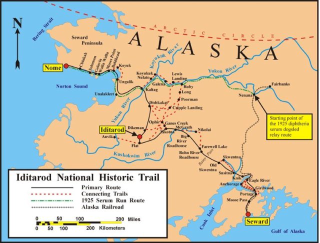 Map of the Iditarod route across Alaska.