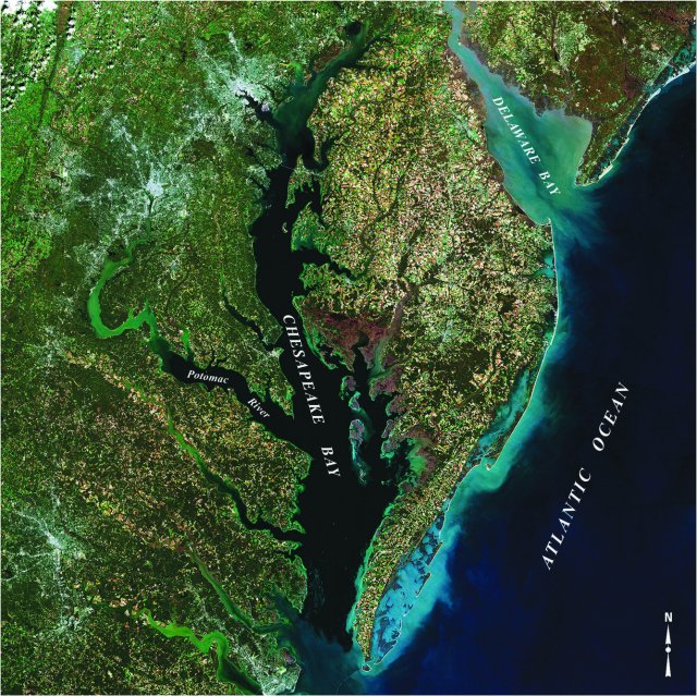 Satellite map of Chesapeake Bay and surrounding land.