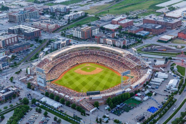 Aerial photograph of baseball stadium in Omaha.