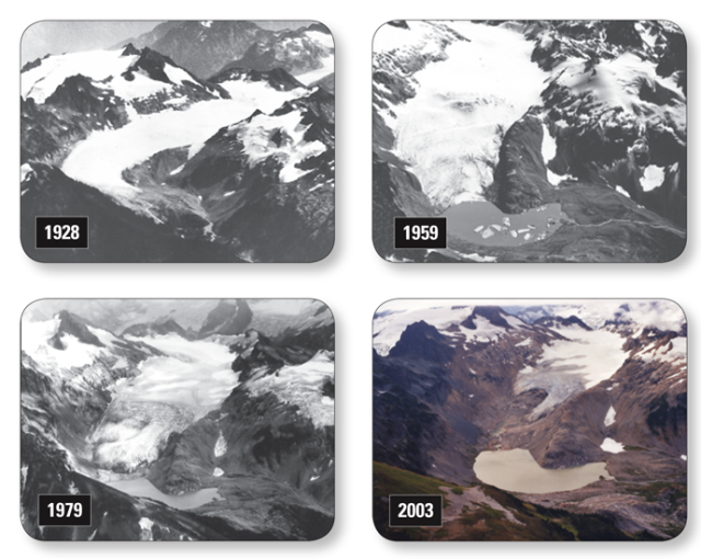 Four photographs of South Cascade Glacier, Washington from 1928, 1959, 1979, and 2003. The series shows progressively smaller, retreating glacier.