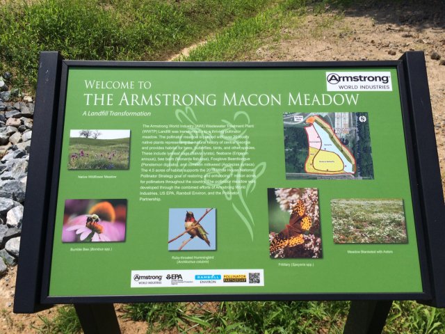 Green sign with a small map and photos of butterflies and birds welcomes visitors to the Armstrong Macon Meadow.