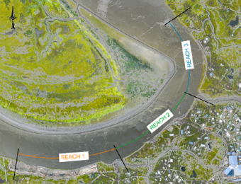 This picture shows a planned riverbank stabilization project for the community of Kipnuk, Alaska. It categorizes the riverbank into three sections, the third of which will be featured for the project.