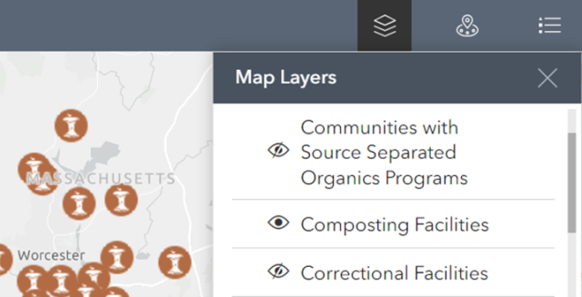screen shot of the excess food opportunities map showing the eye icons in the map layers