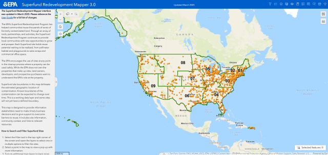 Screenshot of mapping application shows continental United States with orange dots on it. A column of text is along the left hand side.