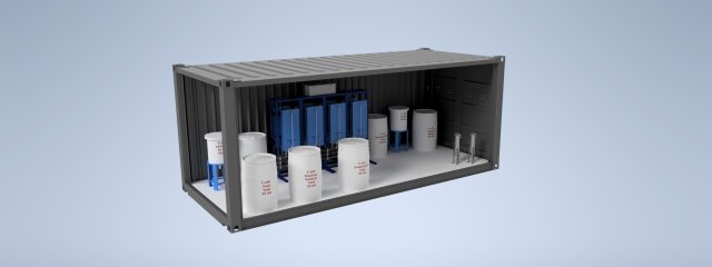 A typical small BioLargo Commercial Unit: A shipping container structure filled with buckets