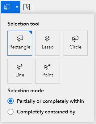 The "select features" tool, with options to select using a rectangle, lasso, circle, line, or a point.