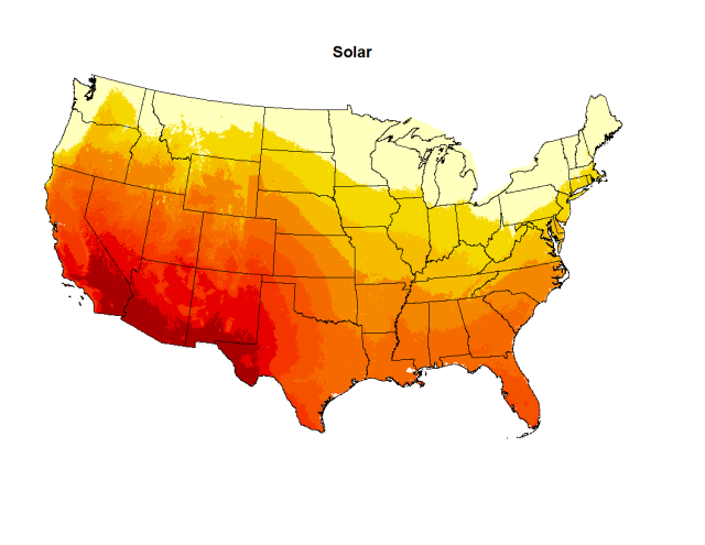 Map showing the solar potential across Continental United States