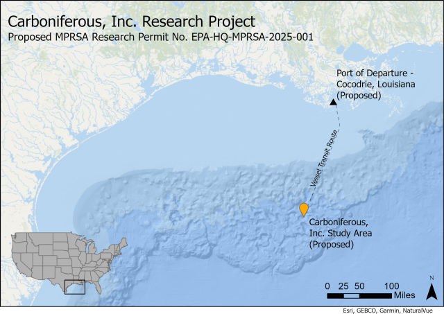 Map of proposed Carboniferous, Inc. Research Project study area and proposed transit route; details provided in caption.