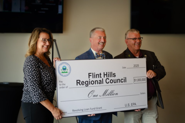 PA Region 7 awarded $1 million to the Flint Hills Regional Council at Highwind Brewing in Junction City, Kansas, on July 18, 2025. Left to right: Trish Giordano, president of Flint Hills Regional Council, Jim Macy, EPA Region 7 administrator, and Nate Butler, state representative for District 68.