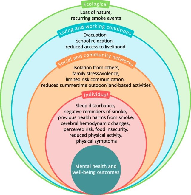 proposed model of how wildfire smoke exposure can affect mental health and sense of well-being. Illustrated through nested circles of types of effects: individual (e.g., sleep disturbance), social and community networks (e.g., isolation), living and working conditions (e.g. evacuation), and ecological (e.g., loss of nature) that can affect the central circle mental health and sense of well-being