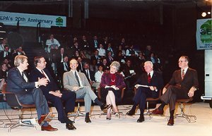 Commemorating EPA's 20th Anniversary, December 3, 1990, Arena Stage, Washington, DC. Left to Right: William K. Reilly, Lee M. Thomas, James Gustave Speth, Julie Belaga, Russell E. Train, William D. Ruckelshaus.