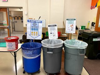 Photo of compost/recycling bins at a local elementary school.