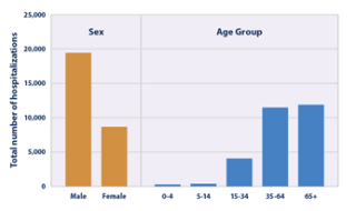 Graphs depicting differences in hospitalization by sex and age group
