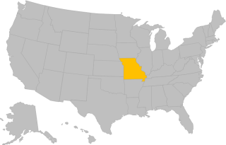 A map of the US with all states shaded gray. The state of Missouri is highlighted in yellow.
