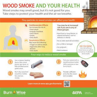 Square infographic titled "wood smoke and your health" that has list of cardiovascular and respiratory effects from wood smoke, a list of groups that are more sensitive to wood smoke including older adults and children and 4 steps you can take to reduce smoke including using dry, seasoned wood. See pdf of this same image for all the details.