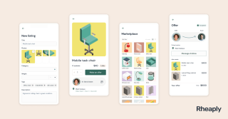 Screenshots of a mobile app screen with multi-colored illustrations of furniture 