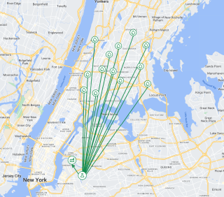 A screenshot of a map of New York City covered by green lines.