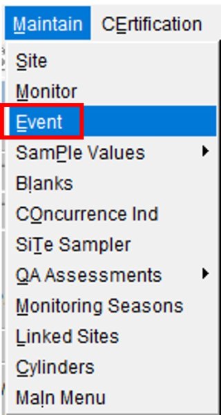 screenshot of the maintain dropdown with the event option highlighted in AQS