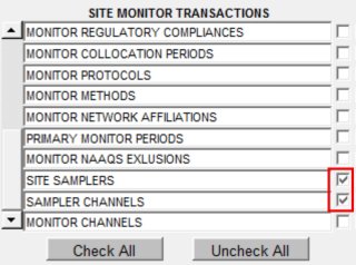 screenshot highlighting the sampler and channels selection in report options in AQS