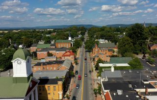 This image shows a main street in a small rural town