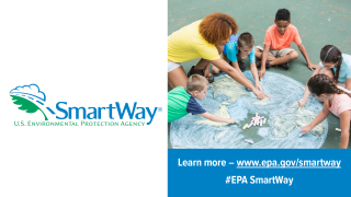 This graphic displays a link to the SmartWay website and has a picture of kids drawing a globe.