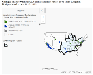 Changes in 2008 Ozone NAAQS Nonattainment Areas, 2008-2010 (Original Designations) versus 2020-2022