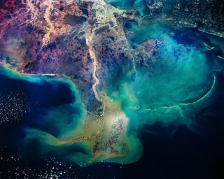 An aerial view of the Mississippi River emptying into the Gulf of Mexico.