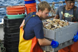 A fisherman carries a box of crabs on a boat.