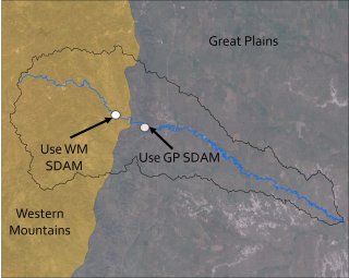Map depicting a stream that crosses the border between two SDAM regions