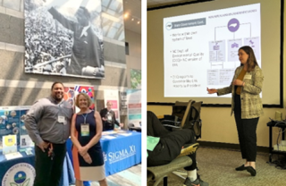 Kelly Witter stands with former CE-STEM intern, Alonzo Brandon Alexander, at an outreach event (left). Former SSI participant, Bailey Recktenwald, gives a presentation to 2023 SSI students about her career in STEM (right).